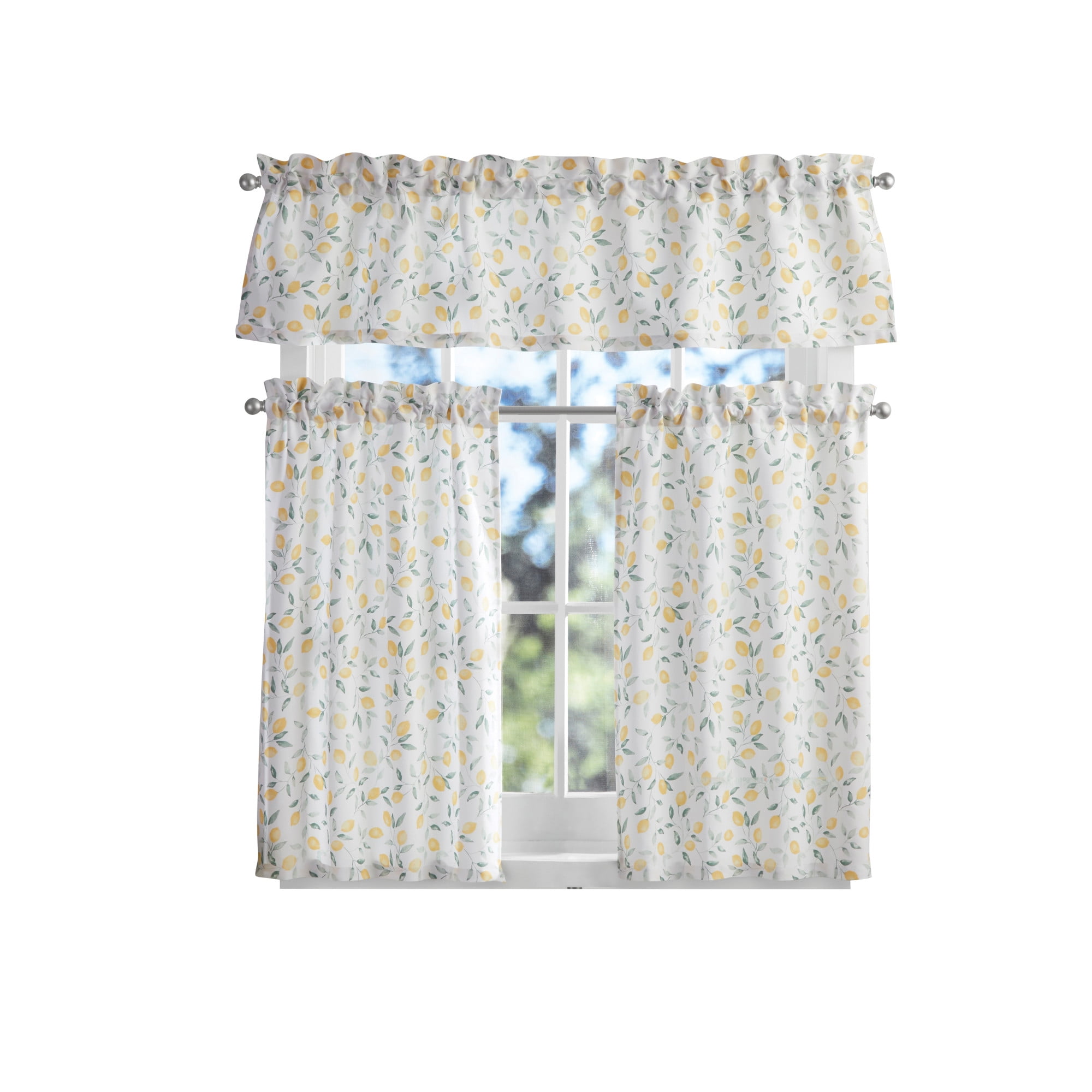Mainstays 3 Piece Printed Tiers and Valance Set - Lemons and Leaves Yellow, Recycled Polyester, BCI Cotton, 56"W x 14"L, Indoor Curtain, Adult