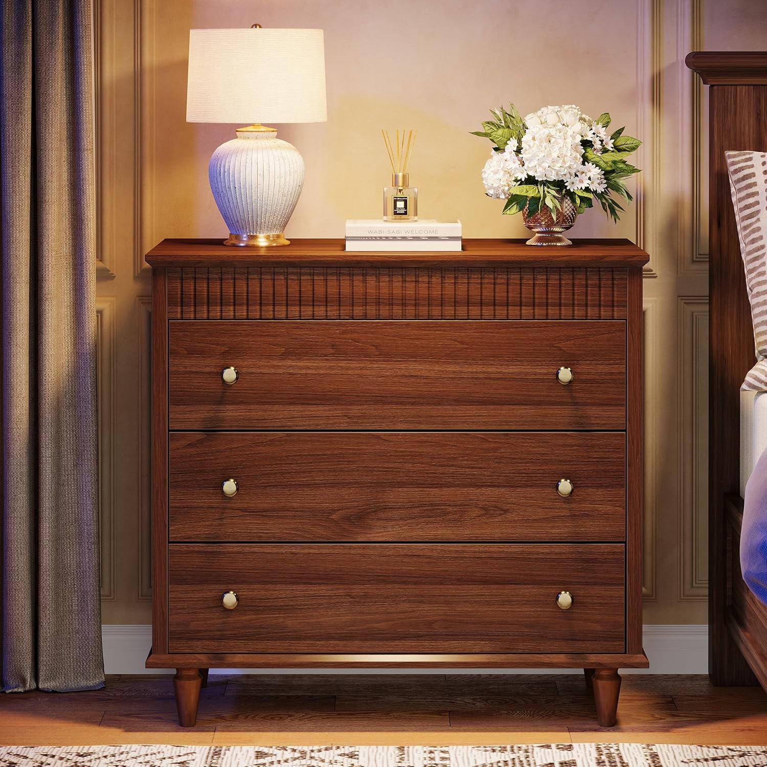 Tribesigns Nightstand with 3 Drawers, 31.5" Oversized Farmhouse Bedside Table for Bedroom and Home, Rustic Brown