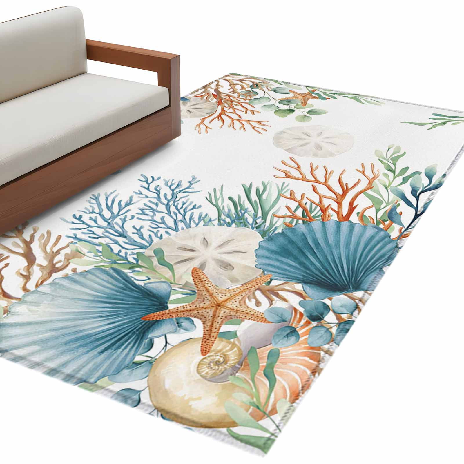 Rectangle Area Rugs 4 x 6 Ft, Beach Coastal Non-Slip Residential Carpet, Summer Nautical Coral Shell Botanical Indoor Crawling Mats Runner Rugs for Living Room/Dining Room/Bedroom