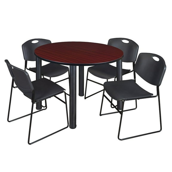 Regency 48 Round Breakroom Table- Mahogany Top, Black Legs, 4 Zeng Stack Chairs- Black