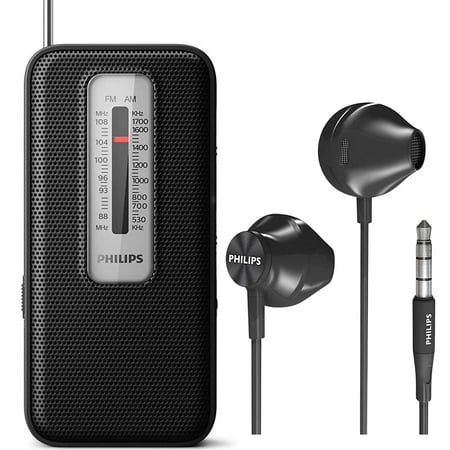Philips Portable Battery-Operated AM FM Pocket Radio with In-Ear Headphones, Black