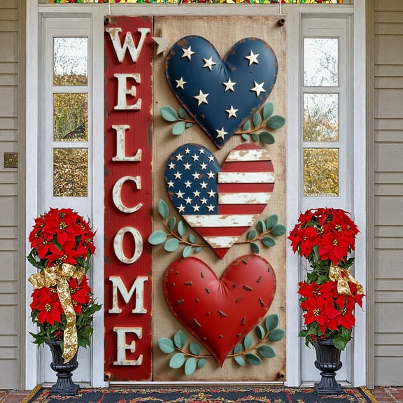 Rustic Welcome Banner Heart Shape American Flag Banner Distressed Finish Burlap Base Patriotic Backdrop for Home Entrance Decor Independence Day Celebration Family Gatherings