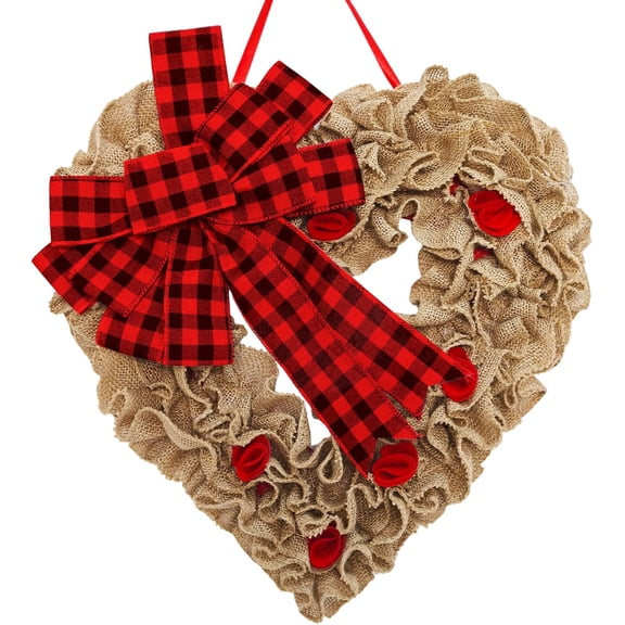 Valentine's Day Burlap Wreath,Heart Shaped Wreath with Buffalo Plaid Bow,Valentine's Day Wreaths for Front Door Farmhouse,Valentines Day Decor for Anniversary Wedding Indoor Outdoor Home