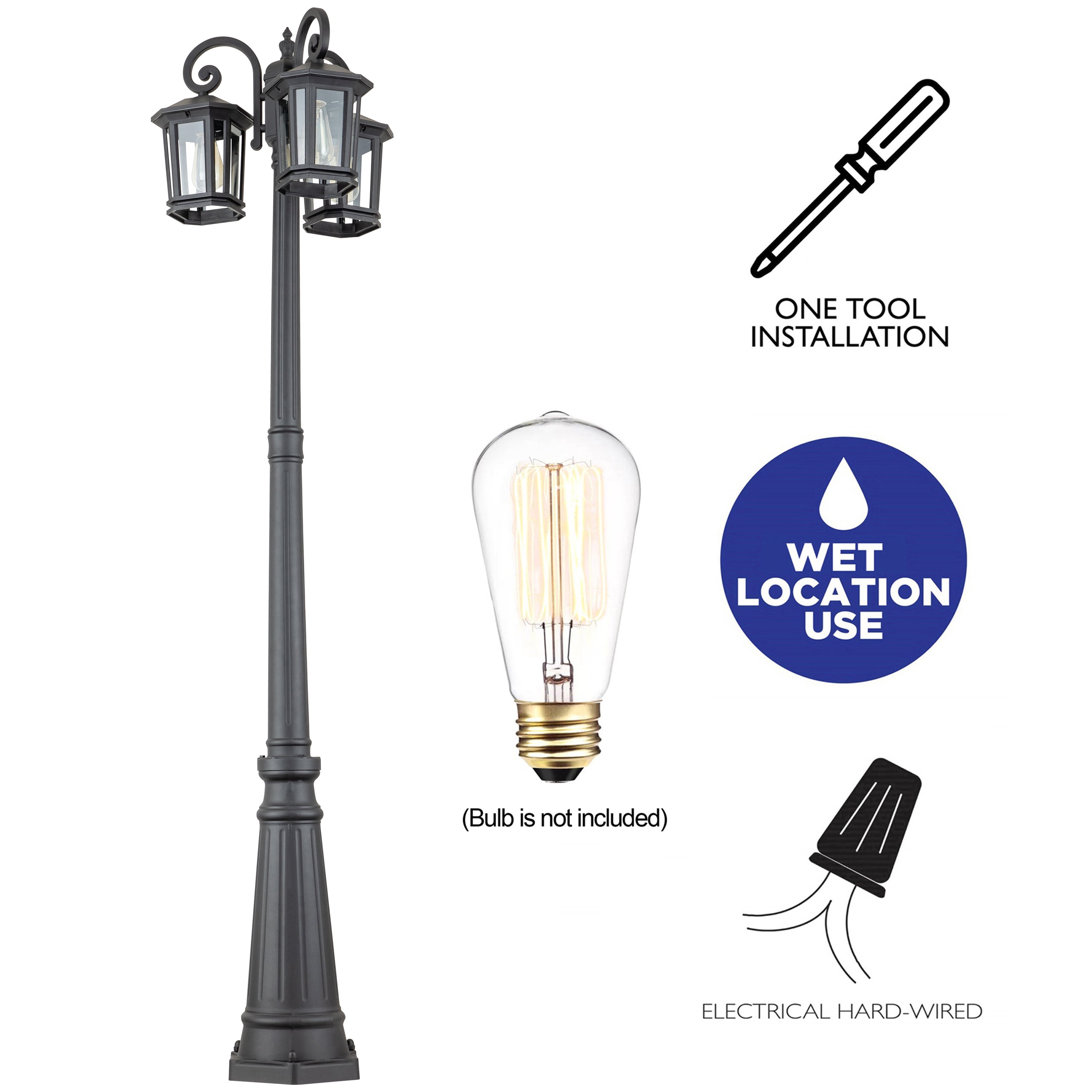 C Cattleya 76 in. 3-Head Black Outdoor Post Light with Clear Tempered Glass(E26)