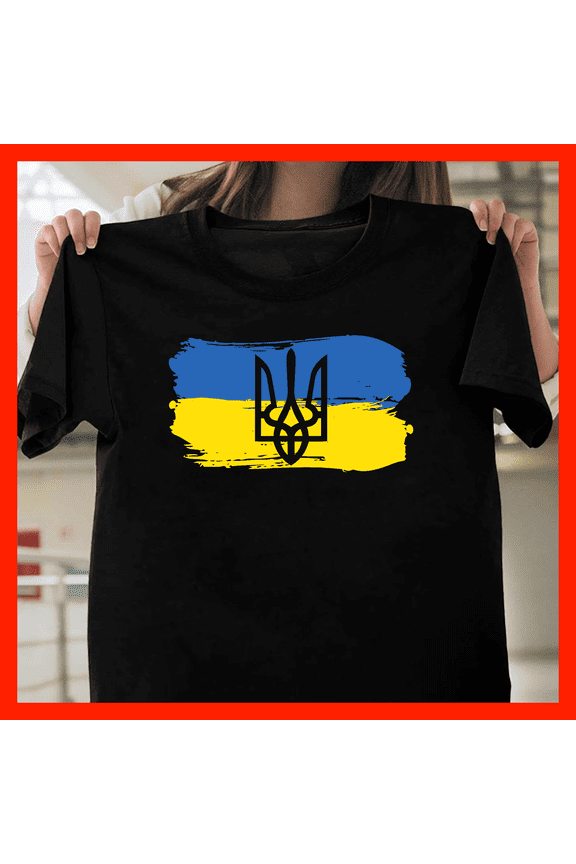 Ukraine Flag T-Shirt with Tryzub Emblem - Support Ukraine Patriotic Apparel H153, for Unisex, Up to Size 5XL