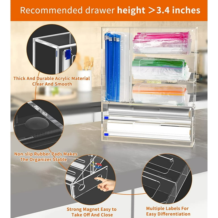 Clear Storage Bag Organizer For Drawer or Wall with Baggy Rack Holder,  Plastic Bag Holder, Acrylic Plastic Bag Organizer for Slider Quart Bags