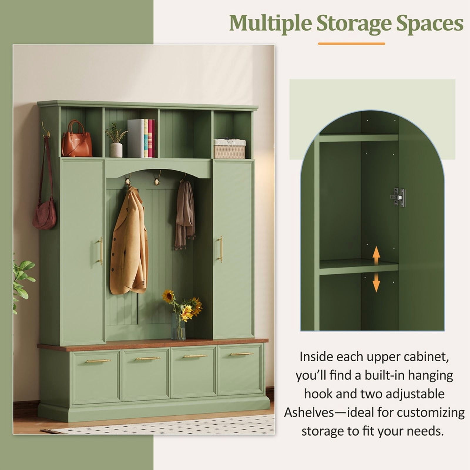Farmhouse 4-in-1 Hall Tree with Golden Hooks & Handles, Entryway Shoe Bench with Adjustable Shelves, Farmhouse Coat & Shoe Rack for Mudroom