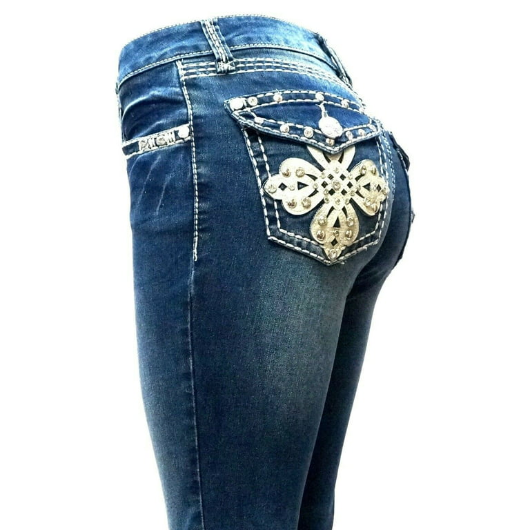 Jack David Women's Rhinestone Mid Rise Bootcut Stretchy Denim Jeans Pants  (Bootcut Blue 3526bt)