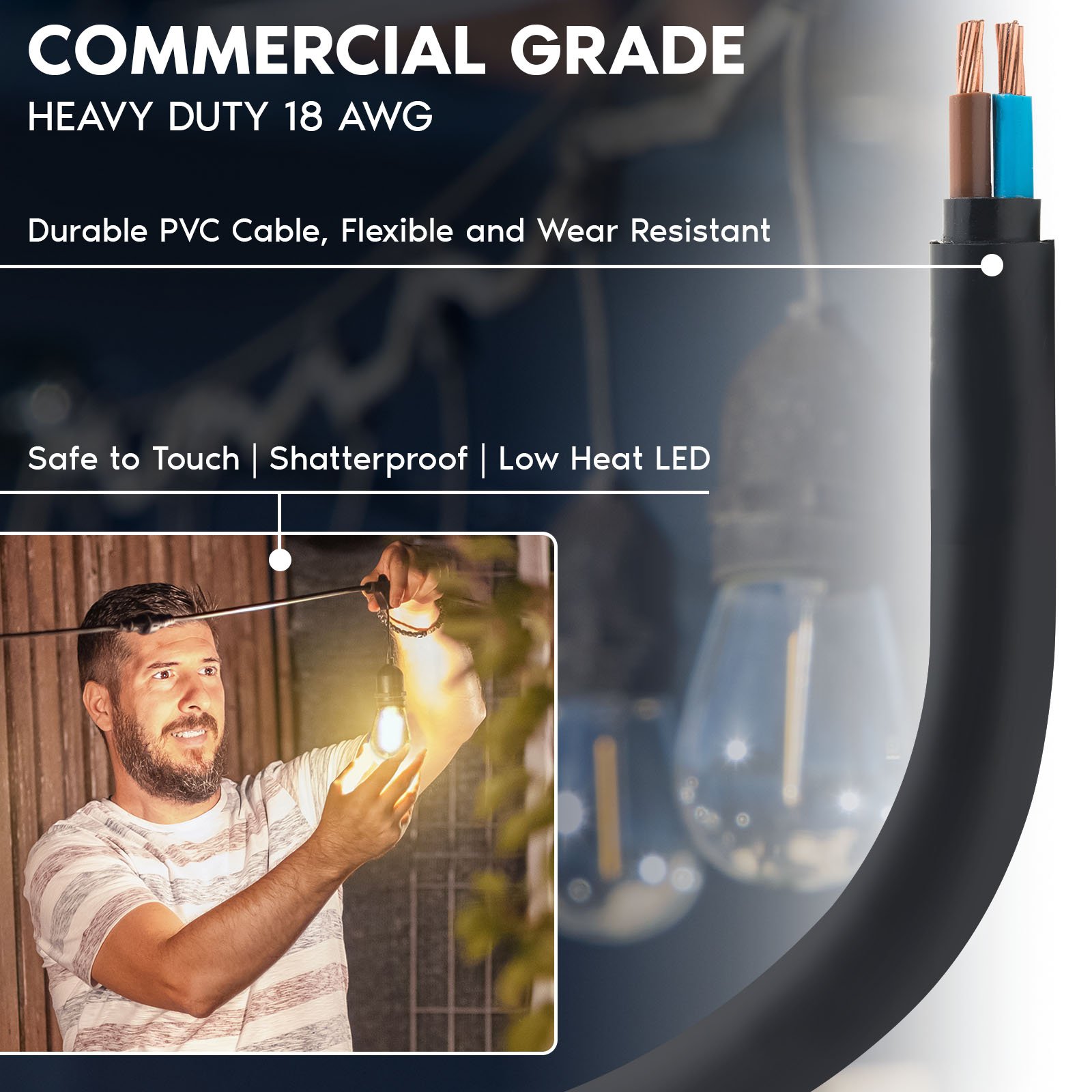 Luxrite 48FT LED Outdoor String Lights Commercial Grade Waterproof, 24 S14 Shatterproof Bulbs, IP65, Patio Garden Cafe