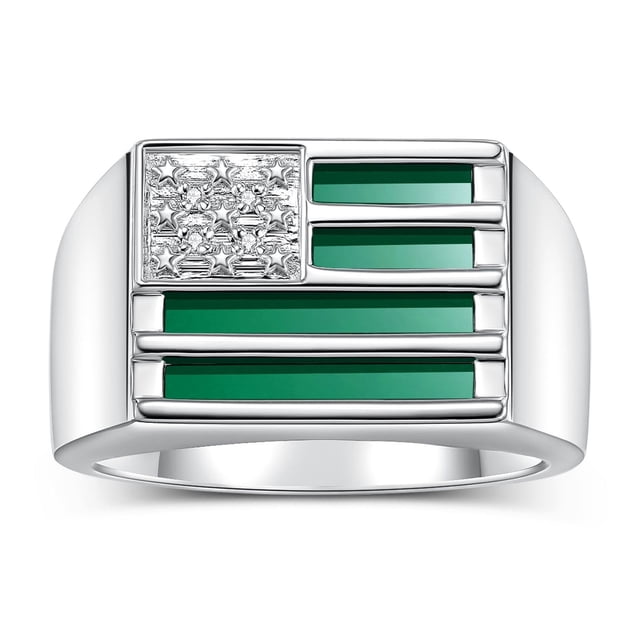 RYLOS Men's Rings 14K White Gold USA Flag Designer Ring With Diamonds and Green Quartz Rings For Men Designer Patriotic Jewelry Size 8