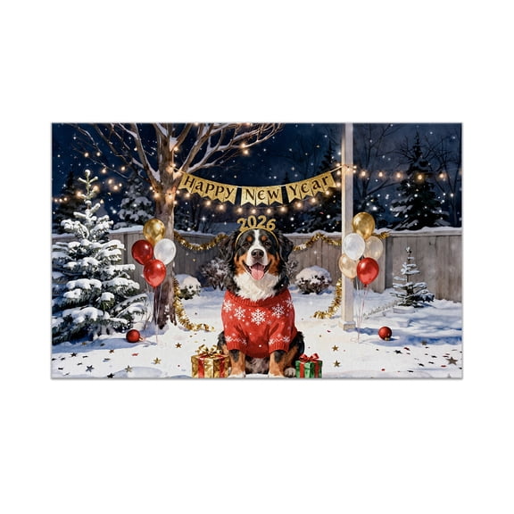Happy New Year 2026 Bernese Mountain Dog Holiday Balloons Party Snow Doormat Berner Lover Gifts Indoor Outdoor Welcome Mat - 13018