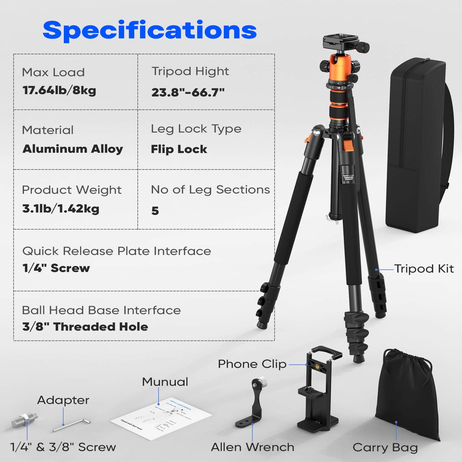 BEBANG 67" Camera Tripod for DSLR Cameras, Aluminum Travel Tripod with Monopod, 360° Ball Head, 17.6lb Load Capacity, Lightweight DSLR Tripod