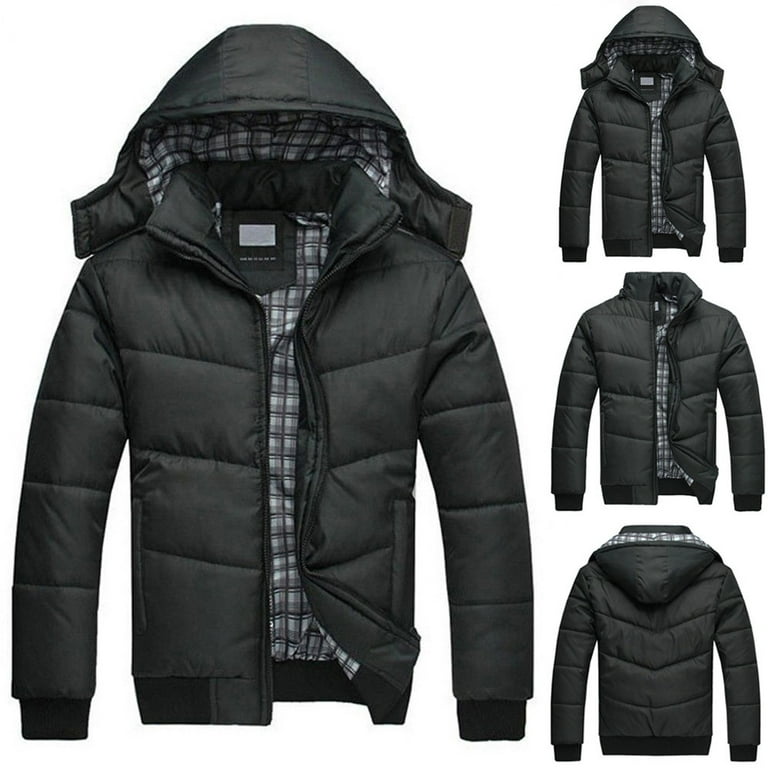 Men Puffer Jacket with Hood Plaid Lined Hooded Jacket Lightweight