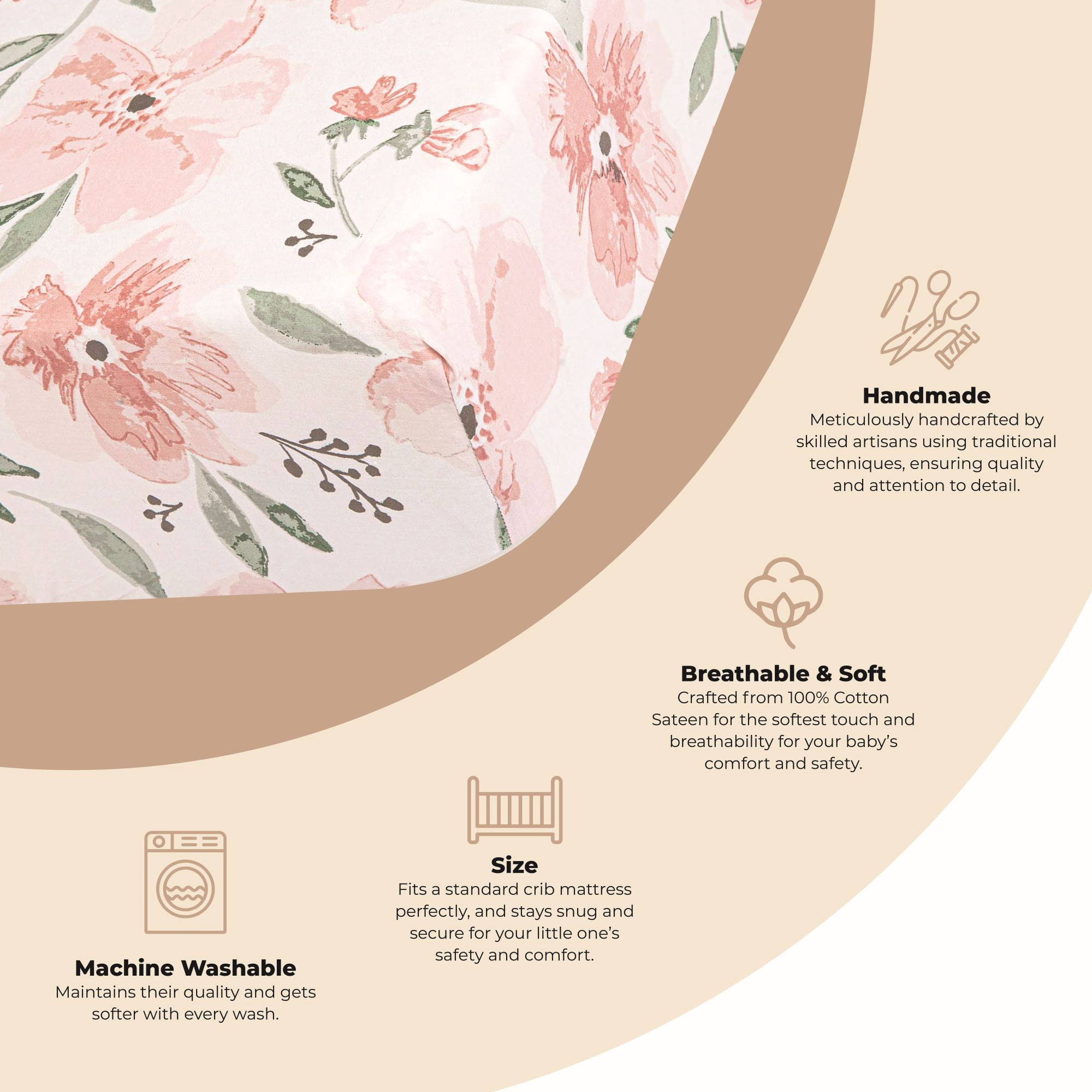 Crane Baby Parker Fitted Crib/Toddler Bed Sheets - Pink Floral 100% Cotton Sateen Crib/Toddler Bed Sheet