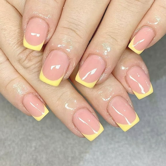 Huhudde Square Press on Nails Artificial Fake Nails Tips Full Covers Yellow False Nails Glossy Glues on Nails for Women Girls