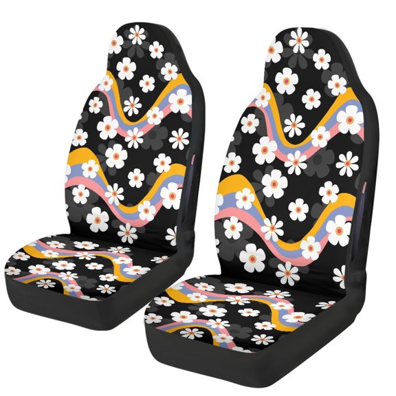 Uourmeti Front Seat Protective Cover in Retro Daisy Rainbow Pattern, Set of 2 Polyester Fabric Car Seat Covers for SUVs and Vans Vehicle Interior