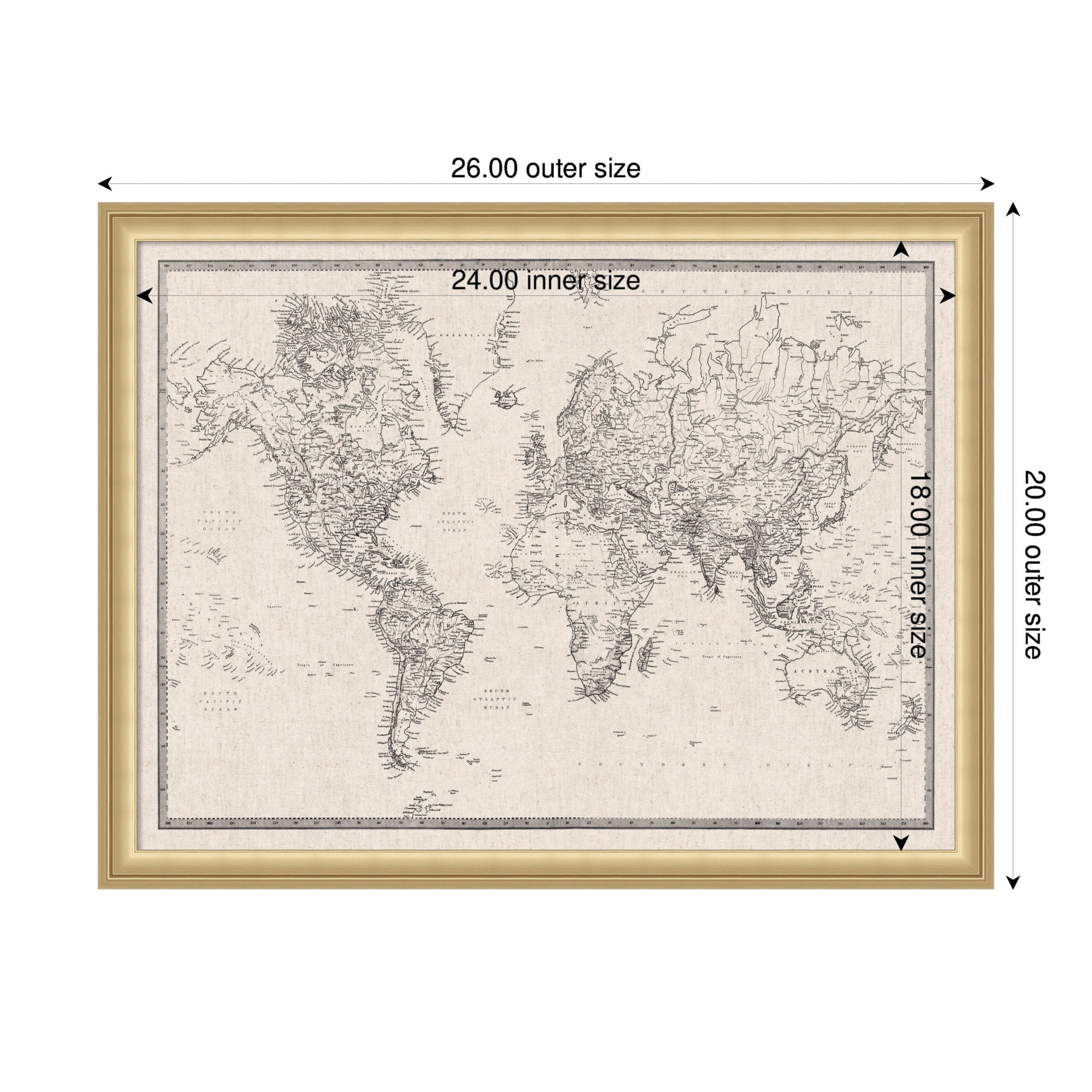 Kate and Laurel Framed Fabric Pinboard 26 x 20, Vintage Black and White Linen World Map Printed Linen Classic Bulletin Board for Use as a Vision Board or Wall Organization, Florence Gold Frame