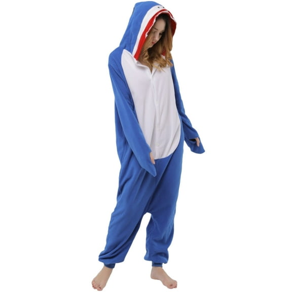 Aueoeo Adult Flannel Nightdress Warm Funny Pajamas Home Wear Sharks Hooded Pajamas 1 Piece Pajamas For Unisex Blue L
