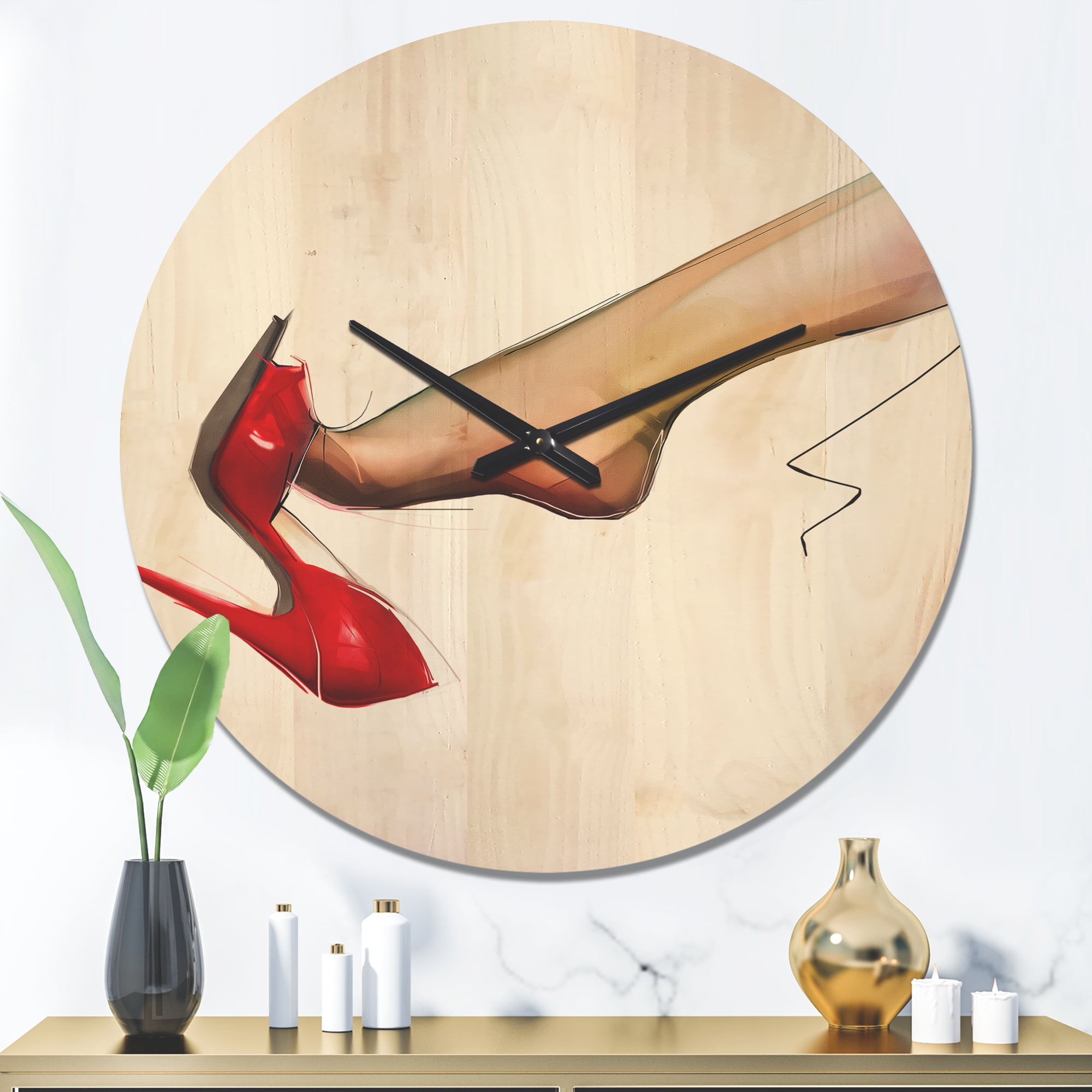 Designart 'Woman Leg Wearing High Heel Red Shoe ' Modern Wood Wall Clock