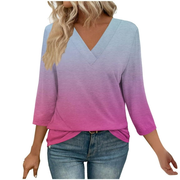 Womens Fall Clothes, 3/4 Sleeve Shirts for Women Fashion Loose Fit Ombre Tie Dye V Neck T-Shirts