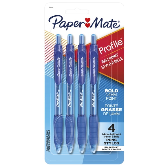 Stylos bille Paper Mate Profile, stylos rétractables, pointe grasse (1,4 mm), bleu, 4 unités