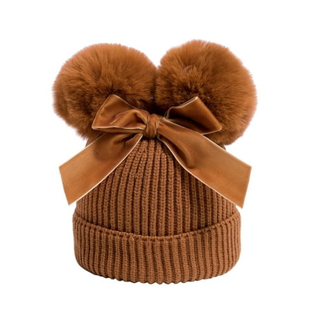

Kids Two Pompon Knitting Hat Baby Girl Winter Bowknot Crochet Hat Photograph Prop (Dark Yellow)