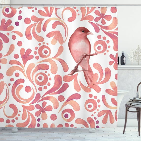 Birds Shower Curtain, Authentic Scrolled Pattern Soft Brushed Watercolor Sparrow Bird on Branch, Fabric Bathroom Set with Hooks, 69W X 70L Inches, Coral Salmon and Peach, by Ambesonne
