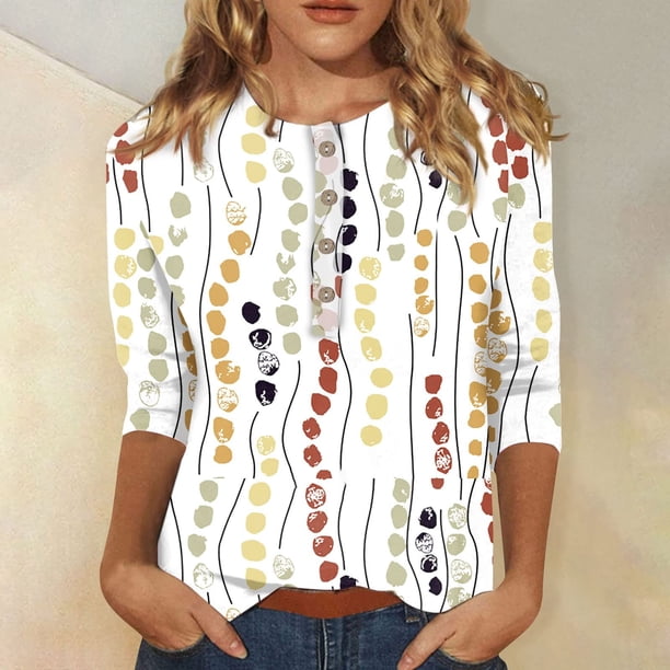 ICHUANYI Clearance Women's Casual 3/4 Sleeve Printed Round Neck Buttoned Basic Tunic Tops T-shirts Blouses(White, L) ICHUANYI WER2023081510651