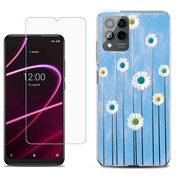 Slim-Fit Gel TPU Phone Case for T-Mobile Revvl 6 Pro 5G, with Tempered Glass Screen Protector, by OneToughShield ® - Daisy Sky