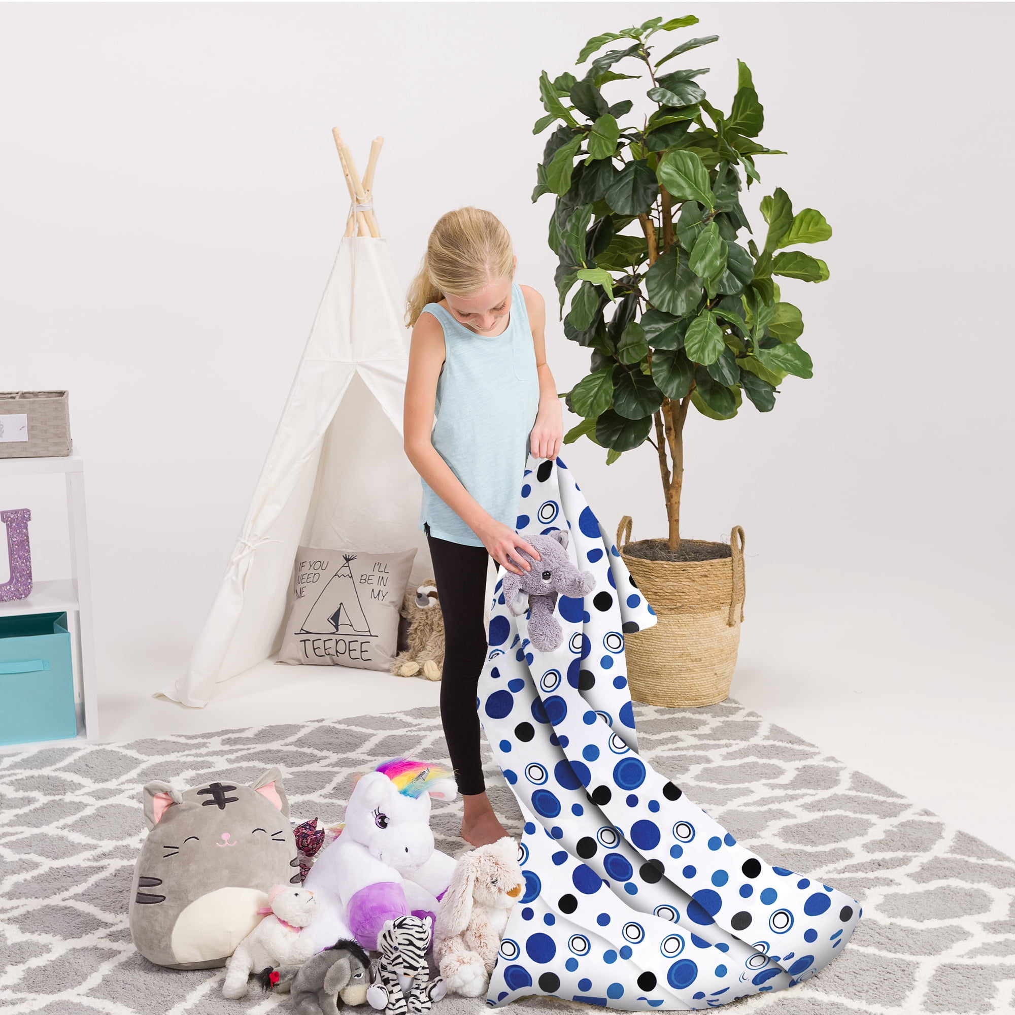 Posh Creations Bean Bag Stuffable Cover Only - Toy Organizer, Canvas, Kids, 4 ft, Canvas Bubbles Blue and White