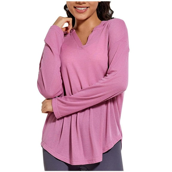 Kaemgyyd Workout Shirts for Women Loose Long Sleeve Running Yoga Tops Casual V Neck Hooded Side Split Athletic Tee