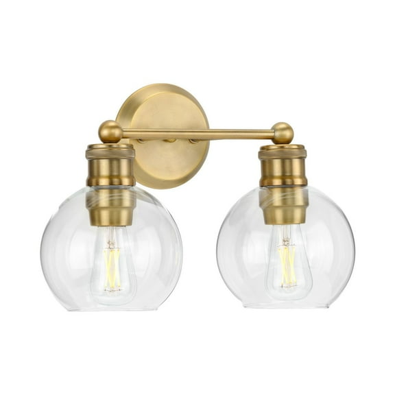 Hansford Collection Two-Light Vintage Brass Clear Glass Farmhouse Bath Vanity Light