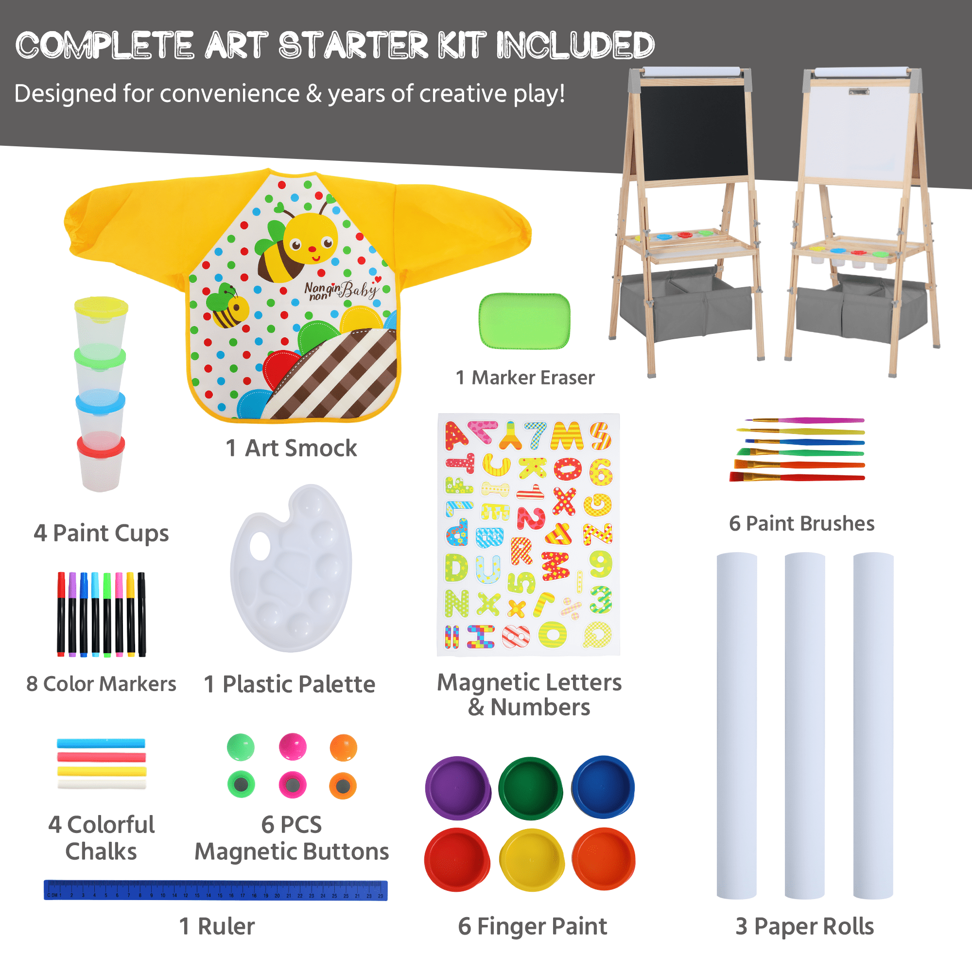 AILEEKISS Kids Art Easel Double-Sided Art Easel with Whiteboard and Chalkboard for Painting, Grey