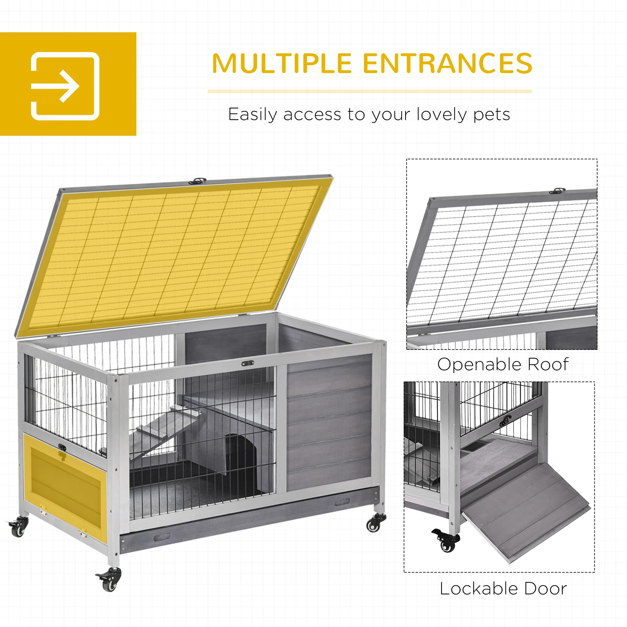 Pefilos 35.5" Wooden Rabbit Hutch for Indoor with Ramp, Removable Tray and Universal Wheel, Small Animals Habitat Bunny Enclosure, Gray