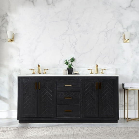 Gazsi 72" Double Bathroom Vanity Set in Black Oak with Grain White Composite Stone Countertop Without Mirror