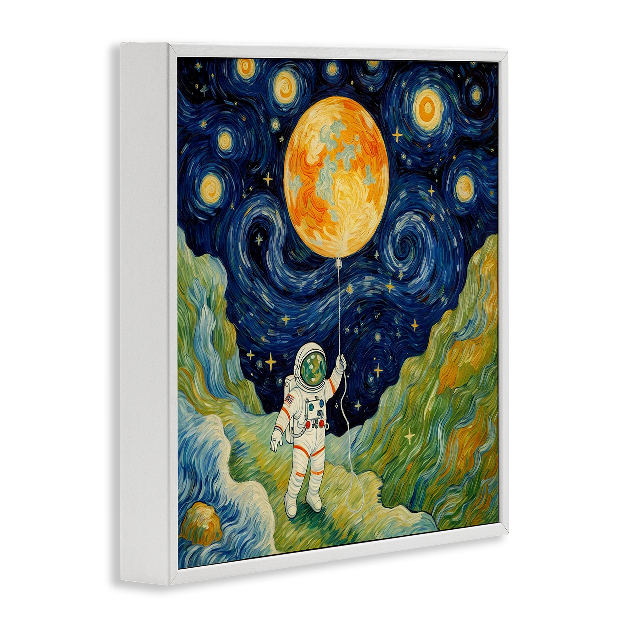 Impressionist Astronaut in Space White Framed Giclee Art, design by Angie Hawke
