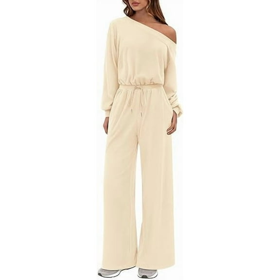 PRETTYGARDEN Long Sleeve Jumpsuit For Women Dressy Off Shoulder One Piece Loose Wide Leg Jumpsuits Casual Flowy Romper