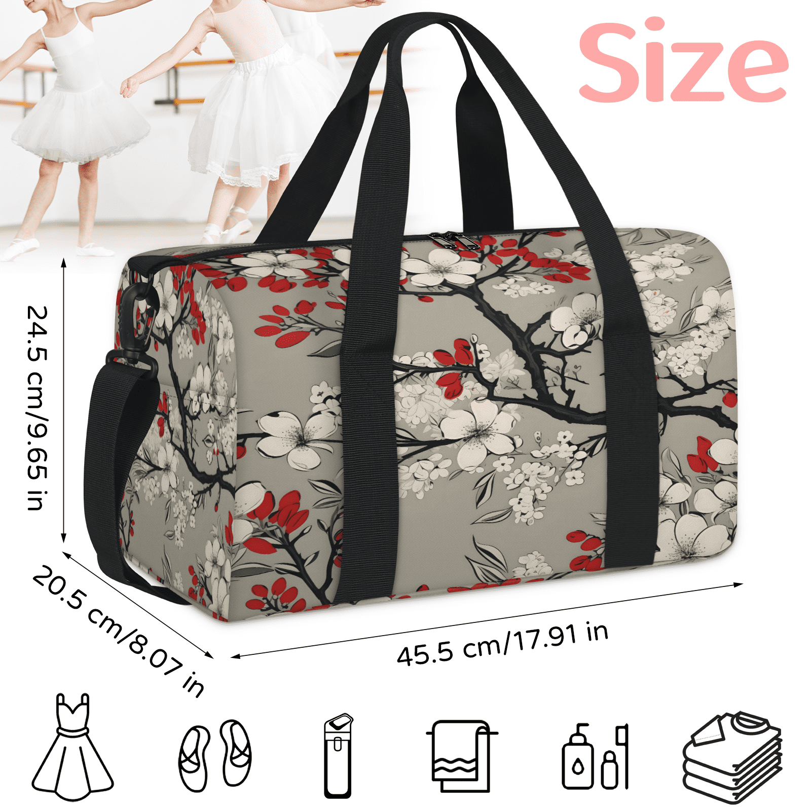 Herdesigns Japanese Cherry Blossom Gym Bag for Women, Duffle Bag for Travel Sport, Lightweight Waterproof Carry on Weekender Overnight Dance Yoga Workout Bags