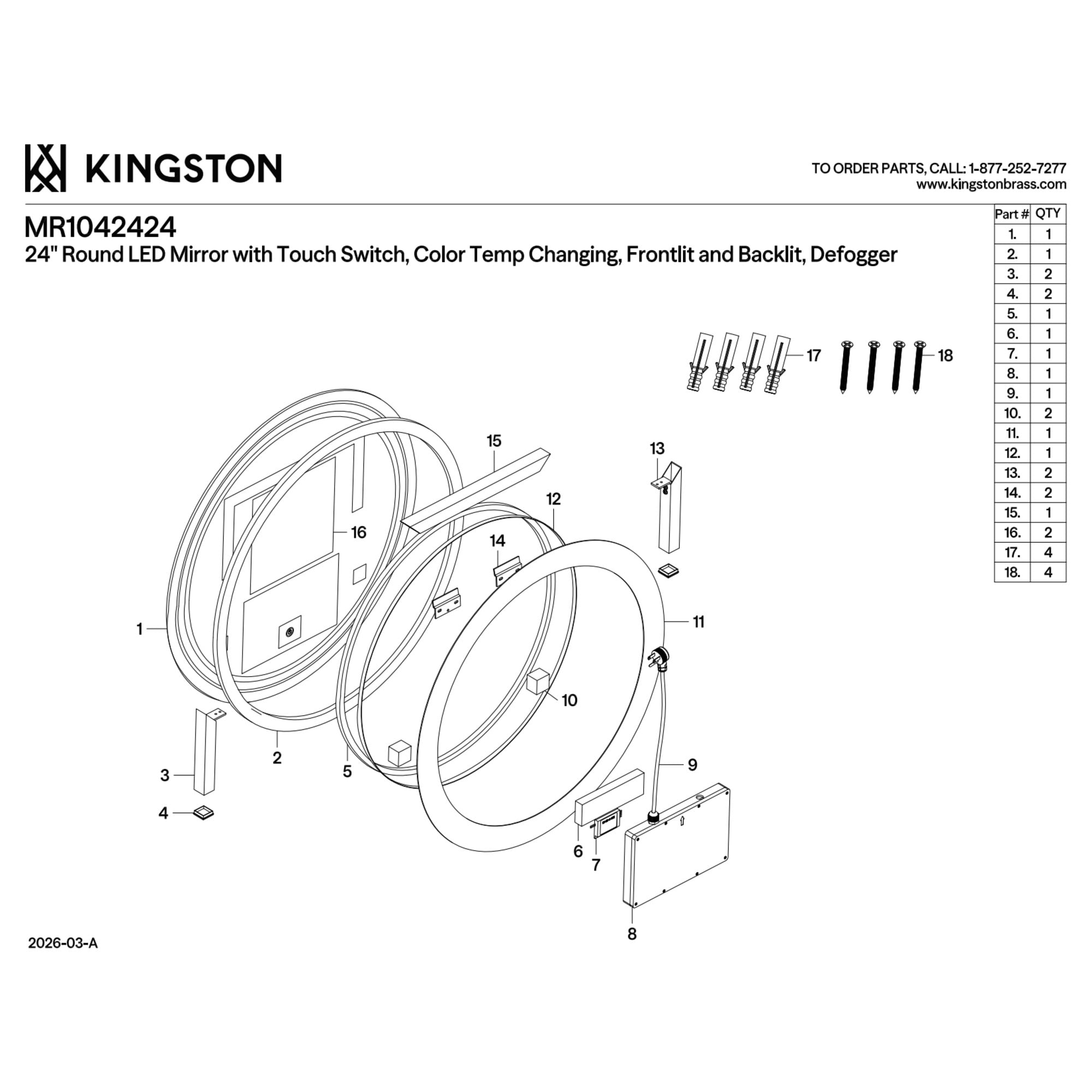 Kingston Brass MR1042424 Aurora 24-Inch Round LED Bathroom Mirror, Front and Back Light, Anti-Fog, Dimmable Touch Sensor Lighted Mirror in Silver
