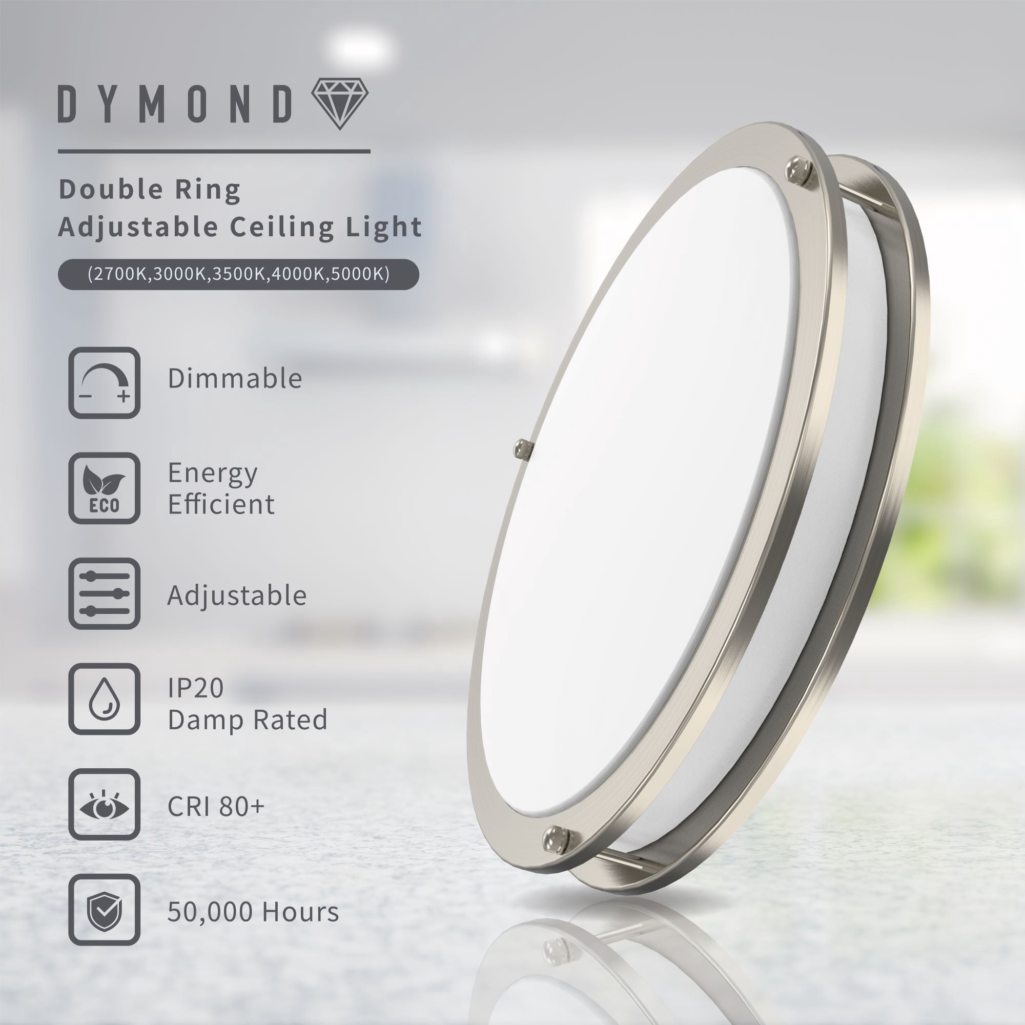DYMOND 12" LED Ceiling Light Flush Mount Adjustable Color Temperature Dimmable Brushed Nickel (2-Pack)
