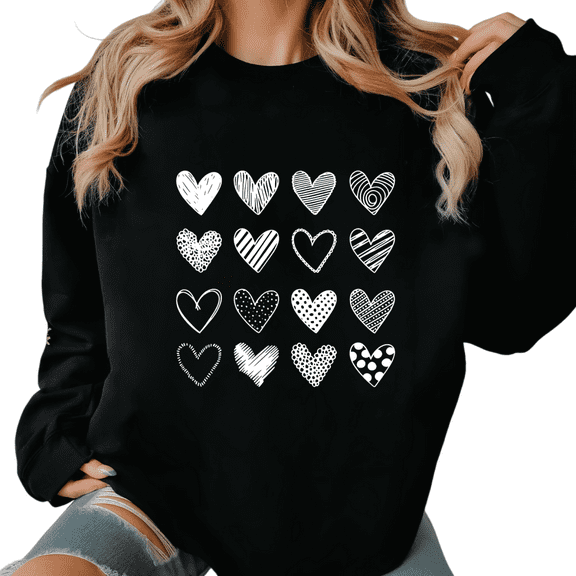 Black Crewneck Sweatshirt Women Graphic Tees Patterned Hearts Grid Print Top for Casual Daily Wear Trendy Playful Romantic Tops S-3XL