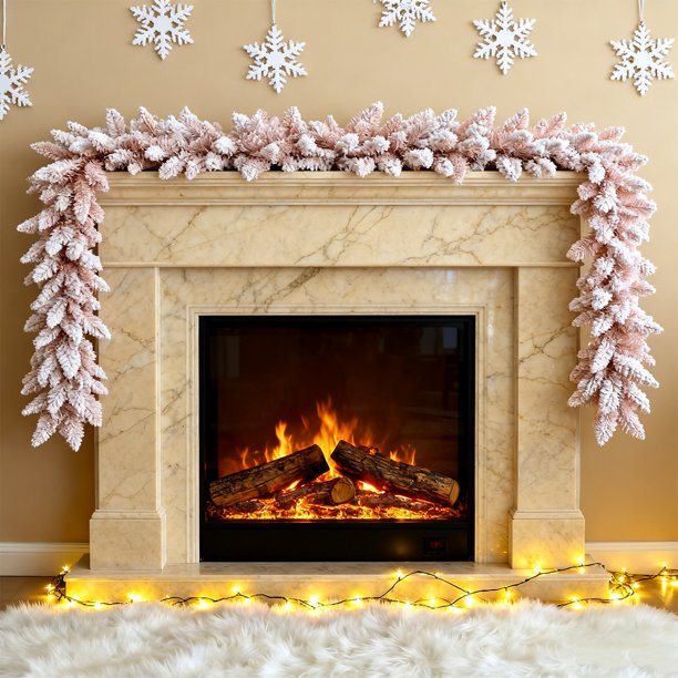 Decoración del hogar, guirnalda navideña artificial de copos de nieve de 8.9 pies, guirnalda navideña de cedro blanco esmerilado de invierno para árbol de Navidad, guirnaldas de plástico.