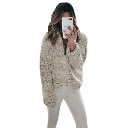 - Women Sweater Long Sleeve Zip Stand Collar Fleece Pullover Jacket Outwear Sweatshirt Winter Coat Casual Solid Color Tops
