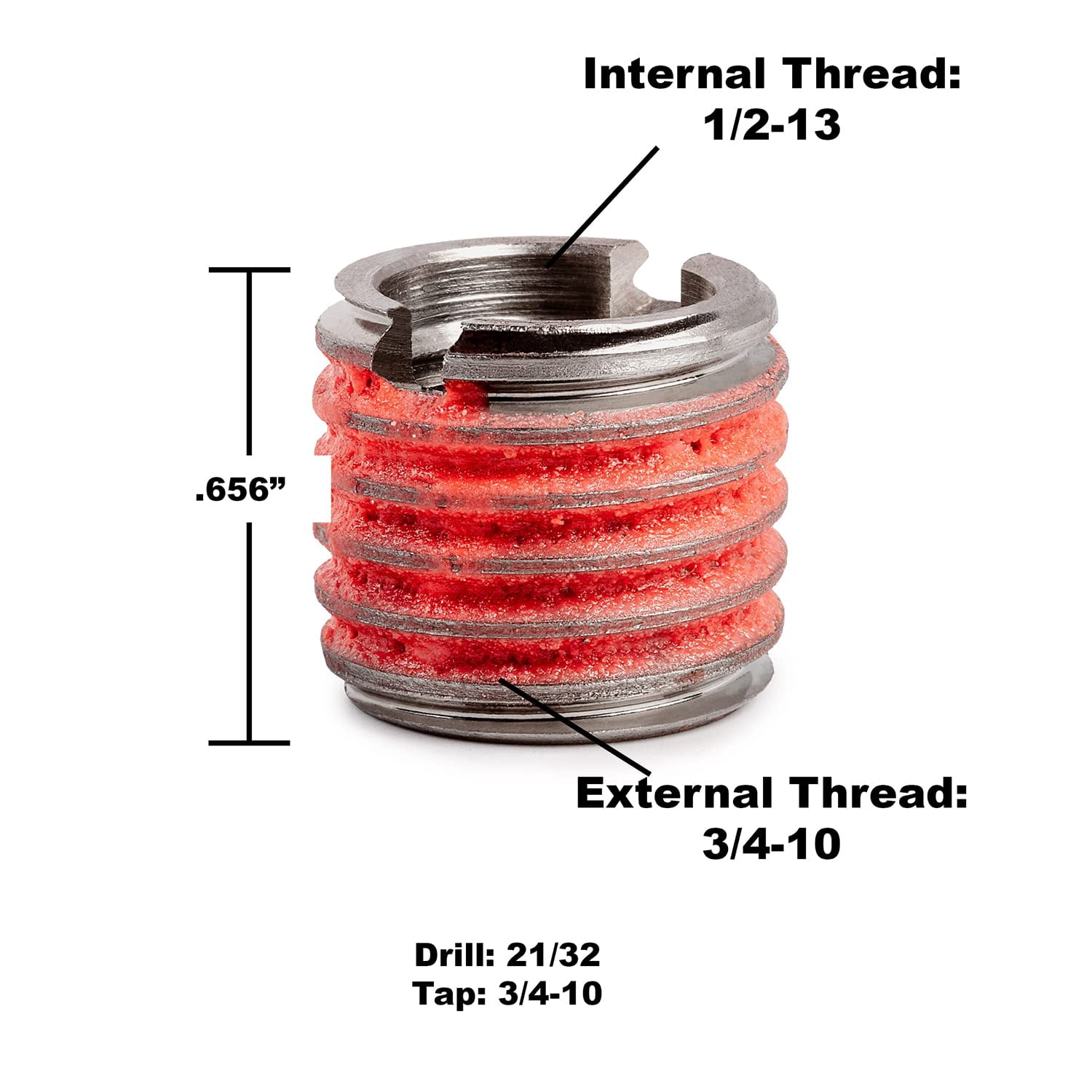 E-Z LOK - 303-8 E-Z Lok Externally Threaded Insert, 303 Stainless Steel, 1/2"-13 Internal Threads, 3/4"-10 External Threads, 0.656" Length, Made in US (Pack of 5) CA1