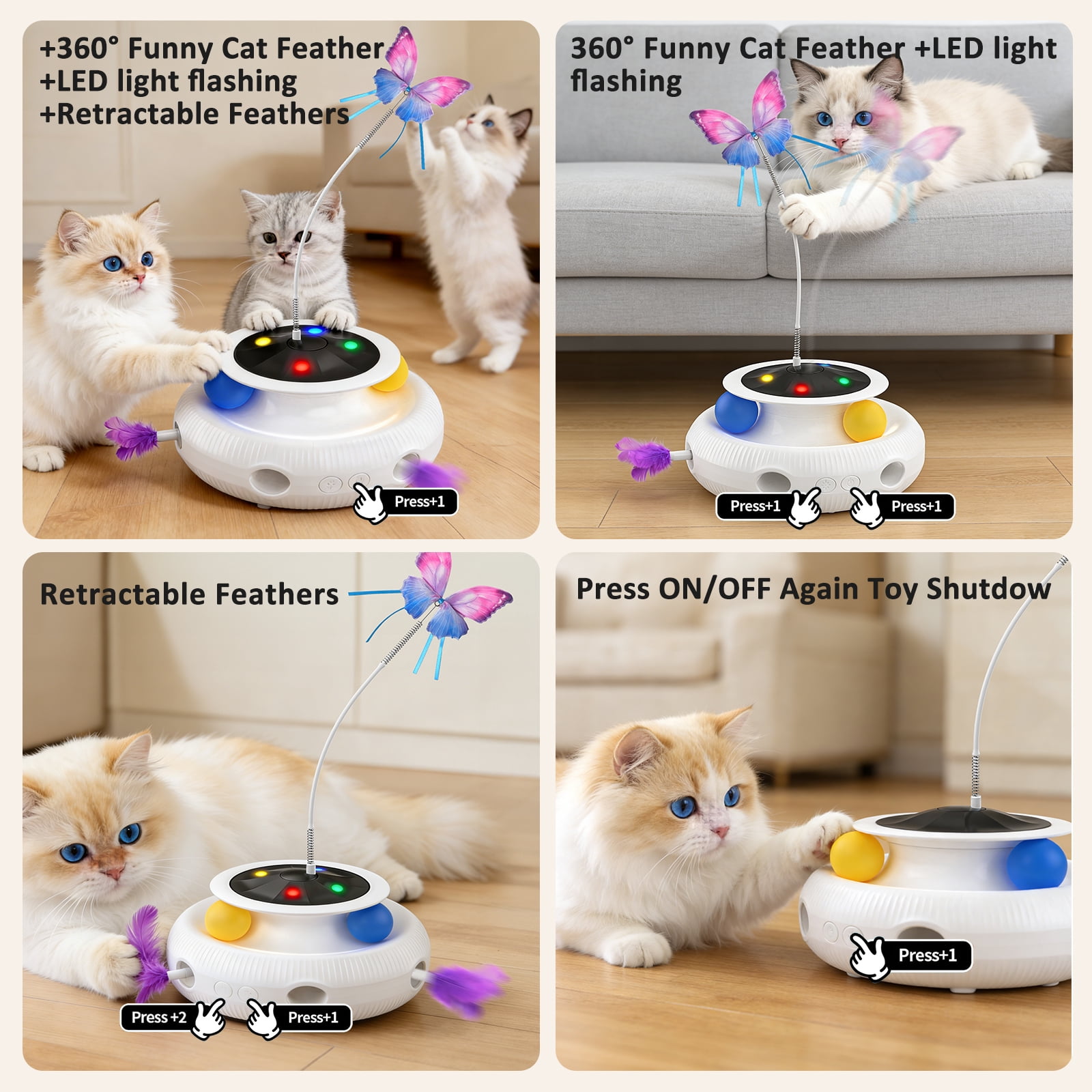 Three-in-one indoor interactive cat toy: Smart cat feather wand, USB rechargeable, White.
