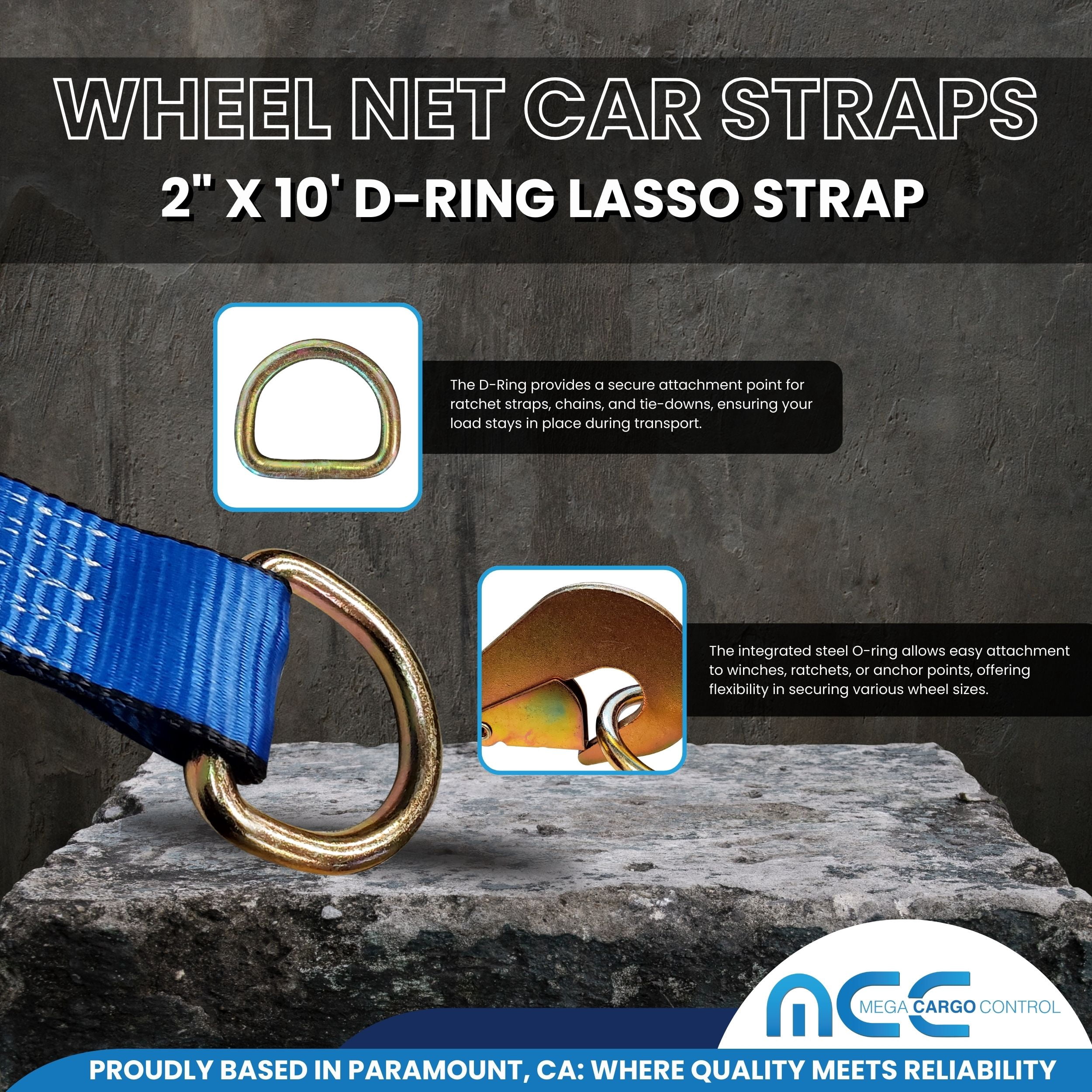 Mega Cargo Control USA 4 Pack 2" x 10' Side Mount Wheel Net Tie Down w/ Ratchet Lasso Strap Flat Hook WLL: 3333 lbs Blue