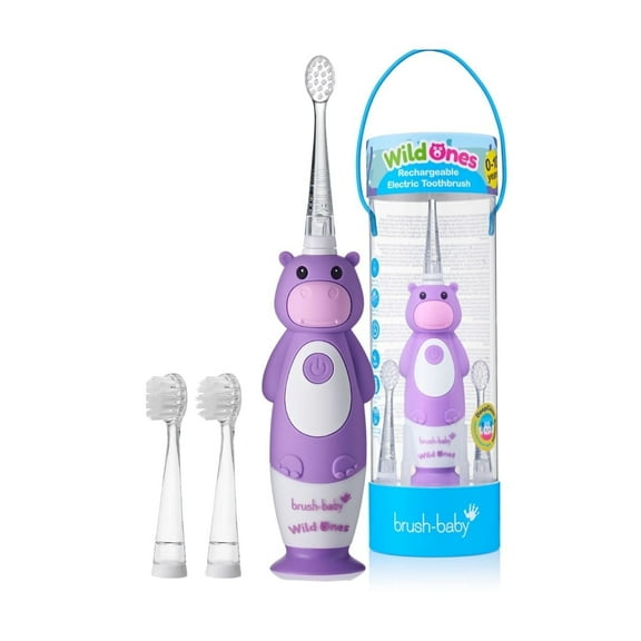 Brush-Baby WildOnes™ Rechargeable Kids Electric Toothbrush – Hippo | Flashing Lights, 2-Min Timer, Waterproof, 3 Brush Heads | Toddler & Child Toothbrush Ages 0-10 | Soft Bristles