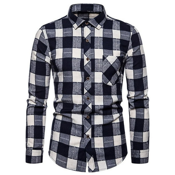 Blusa y camisa de manga larga con cuello vuelto para hombre, blusa informal de moda con estampado a cuadros y bolsillos, blusa de manga larga para hombre