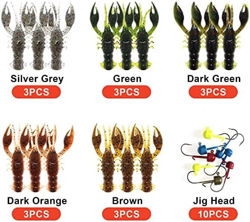Soft Plastic Crawfish Lures Kit with Jig Heads, 25pcs/60pcs Creature Baits Fishing Lure Set for Bass Trout Pike Freshwater Fishing
