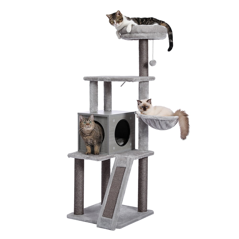 Kadyn Wooden Cat Tree Tower, Cat Condo Play House for Large Cats Featuring, Modern Cat Tree Condo with Fully Scratching Posts, Hammock, Padded Perch and Dangling Ball, Gray Kadyn Wooden Cat Tree Tower, Cat Condo Play House for Large Cats Featuring, Modern Cat Tree Condo with Fully Scratching Posts, Hammock, Padded Perch and Dangling Ball, Gray